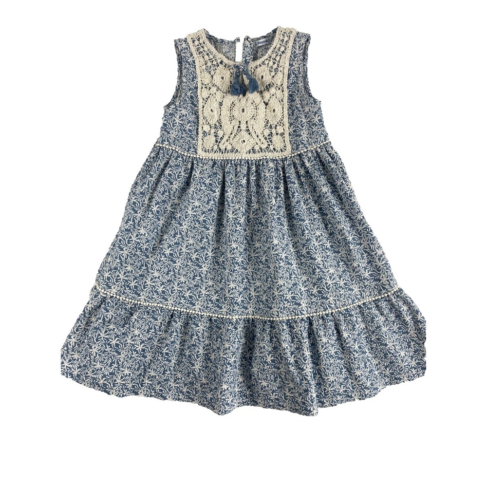 Mayoral Dress Little Girl Sz 9 Blue Lace Tiered Flared Summer Spring 100% Cotton